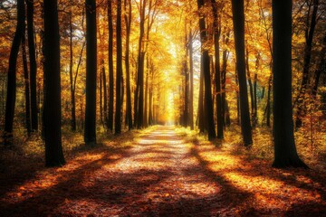 Obraz premium Enchanting Forest Path with Tall Trees and Autumn Foliage