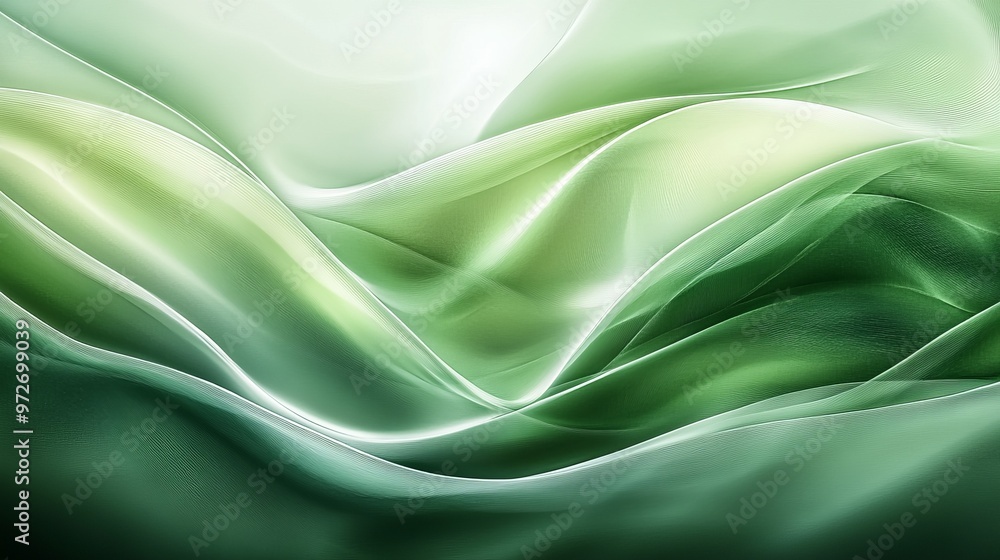 Poster abstract digital art of green flowing waves with a touch of luminance, creating a serene and dynamic