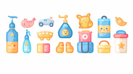 Obraz premium A simple vector icon illustration depicting the group of baby product items at center for a website isolated white background