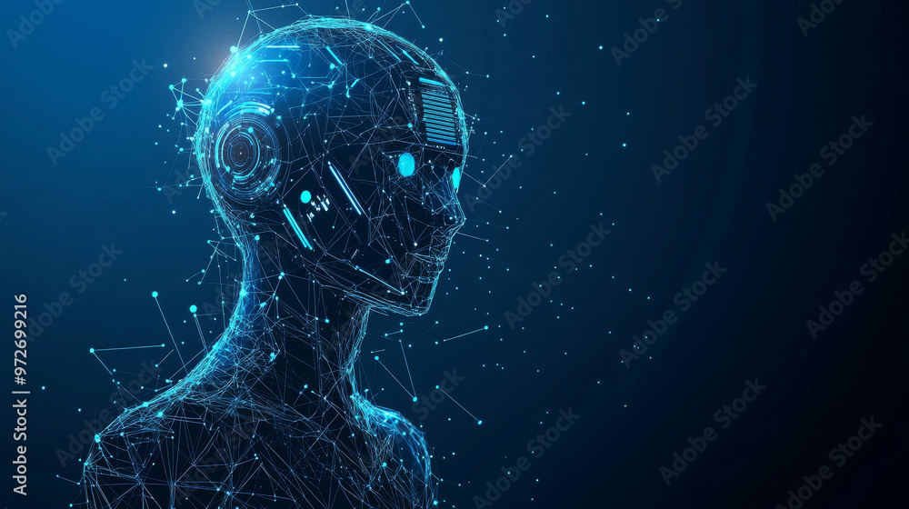 Poster a 3d vector illustration of an ai robot composed of wireframe polygons and interconnected dots again