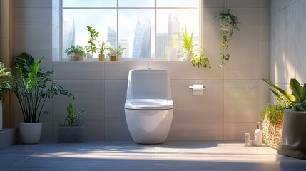  Bright bathroom with modern toilet, sunlight streaming through windows, lush plants surrounding, creating a fresh and natural atmosphere for relaxation.