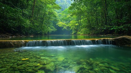 Serene forest landscape with a tranquil waterfall and clear water.