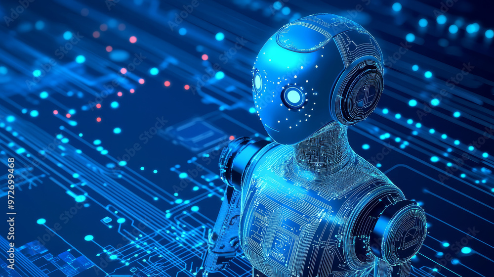 Poster a 3d vector illustration of an ai robot composed of wireframe polygons and interconnected dots again