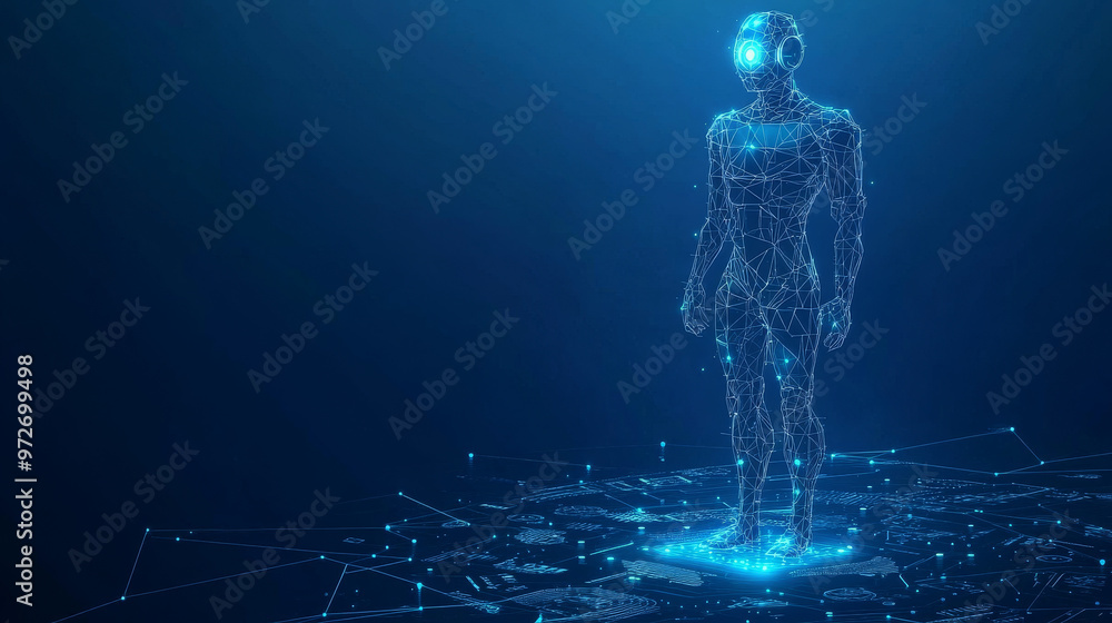 Poster a 3d vector illustration of an ai robot composed of wireframe polygons and interconnected dots again