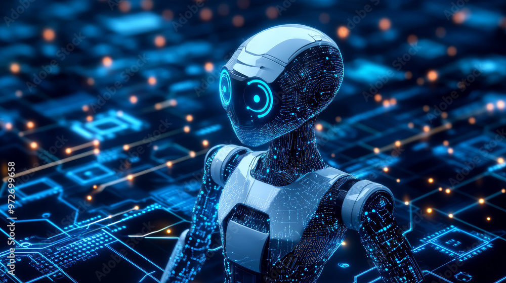 Poster a 3d vector illustration of an ai robot composed of wireframe polygons and interconnected dots again