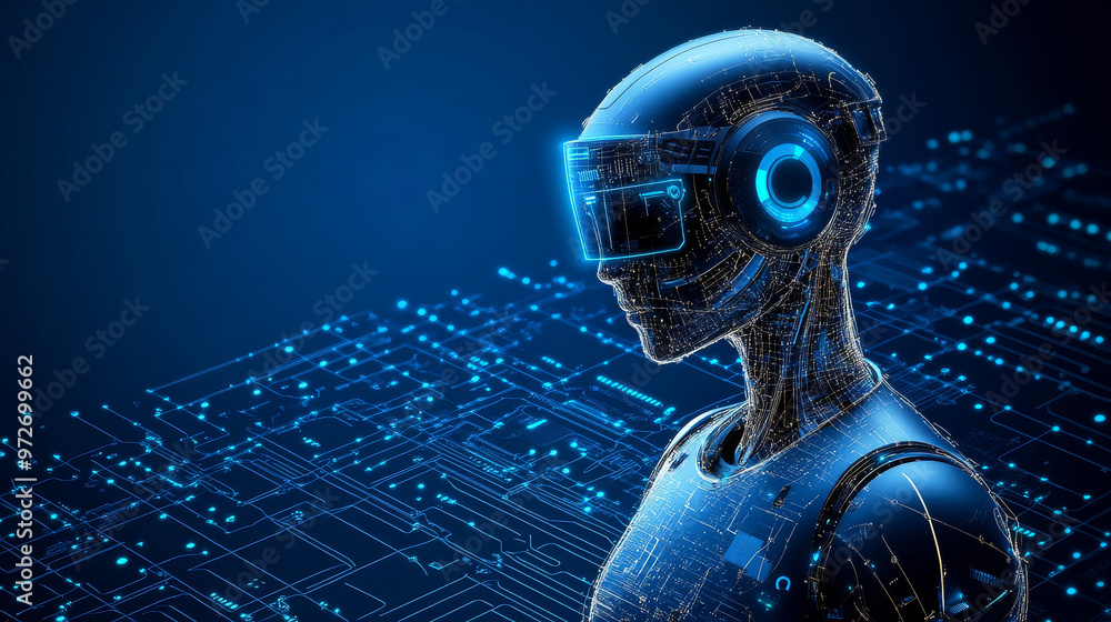 Poster a 3d vector illustration of an ai robot composed of wireframe polygons and interconnected dots again