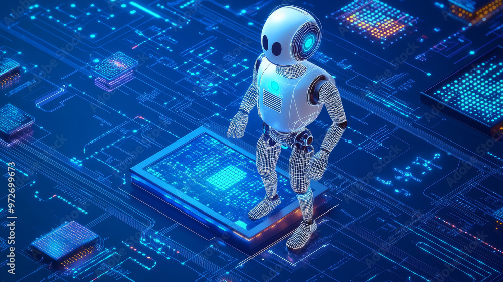Poster a 3d vector illustration of an ai robot composed of wireframe polygons and interconnected dots again