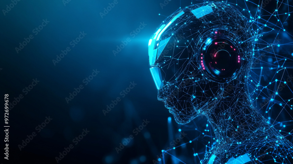 Poster a 3d vector illustration of an ai robot composed of wireframe polygons and interconnected dots again