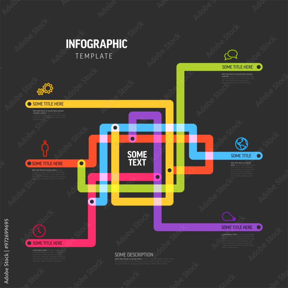 Poster multipurpose dark infographic template with color lines that makes some abstract map and icons with 