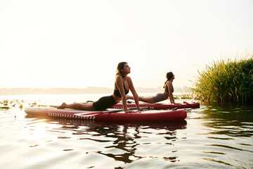Asana, doing yoga exercises. Women friends are on sup board on the lake together
