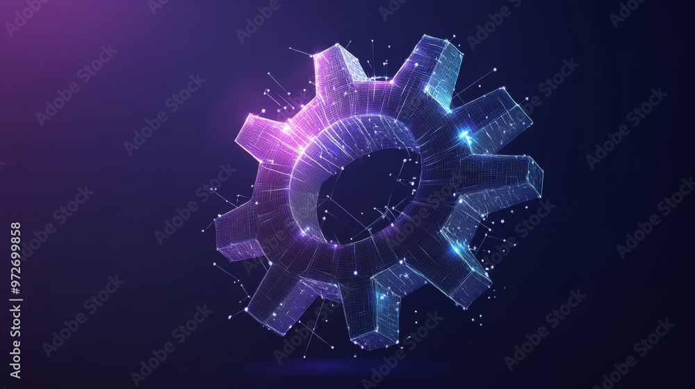 Poster a gear constructed from polygons. low poly vector representation in a starry sky or cosmic style. th