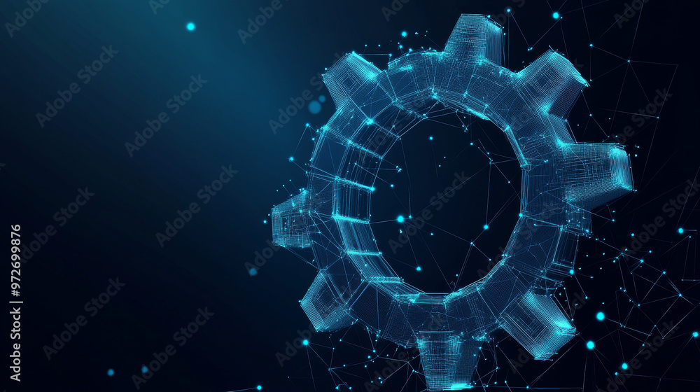 Poster a gear constructed from polygons. low poly vector representation in a starry sky or cosmic style. th