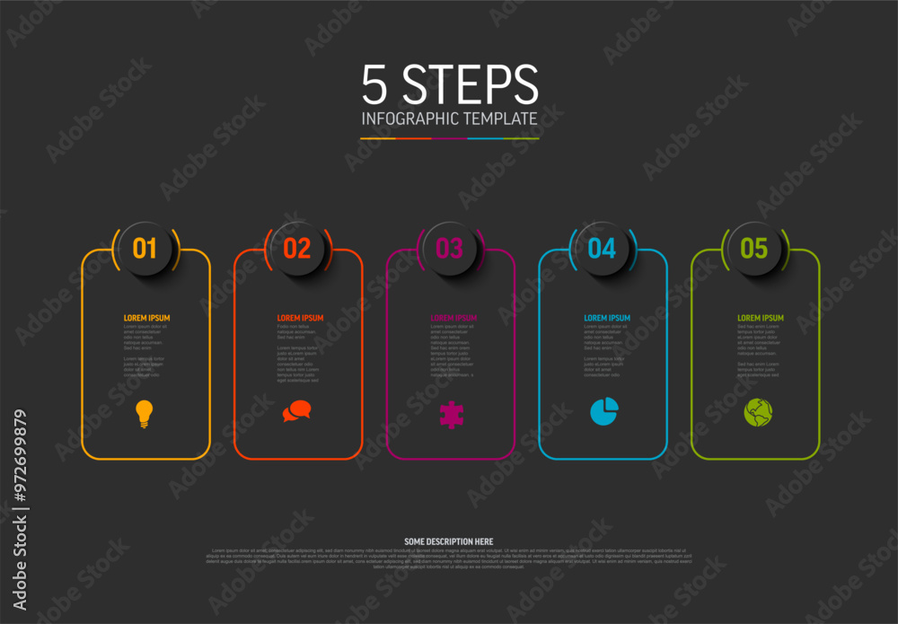 Poster vector dark infographic template with rounded cards colorful border and big numbers in dark circle e