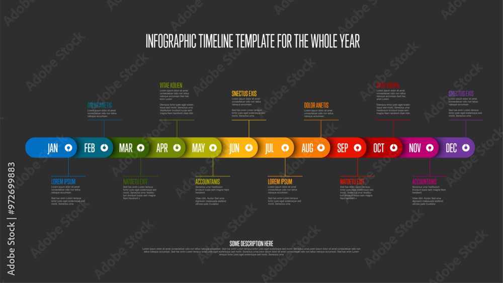 Poster entire year rainbow timeline template with months texts in color rounded blocks on a horizontal time