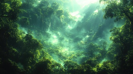 Obraz premium Lush green forest with sunlight filtering through the foliage.