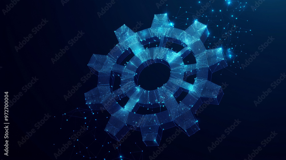 Poster a gear constructed from polygons. low poly vector representation in a starry sky or cosmic style. th