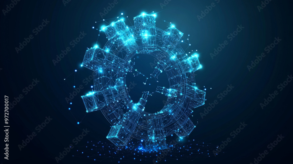 Poster a gear constructed from polygons. low poly vector representation in a starry sky or cosmic style. th