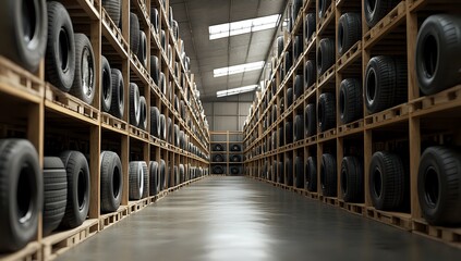 Fototapeta premium Rows of stacked tires in a warehouse.