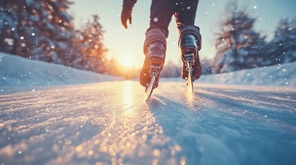 Speed skater gliding across a frozen outdoor track, with the snowy landscape and bright winter sun creating a dynamic scene. 4K hyperrealistic photo.