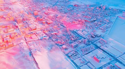 Fototapeta premium Heatmap of a winter cityscape, with vibrant colors showing areas of human activity and cooler tones representing untouched snow-covered streets. 4K hyperrealistic photo.