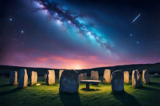 A vibrant starry sky full of constellations illuminating an ancient stone circle, Ai Generated