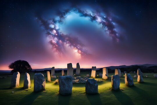 A vibrant starry sky full of constellations illuminating an ancient stone circle, Ai Generated