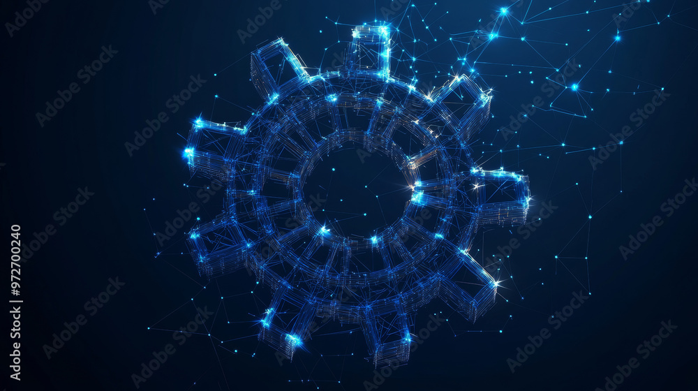 Poster a gear constructed from polygons. low poly vector representation in a starry sky or cosmic style. th