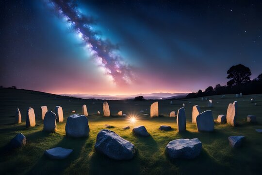 A vibrant starry sky full of constellations illuminating an ancient stone circle, Ai Generated
