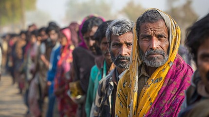 A long line of people waiting at a food distribution center, their faces weary and anxious, illustrating the desperation caused by food scarcity