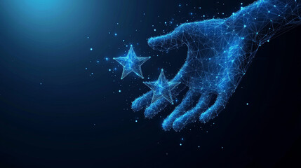 Concept of customer reviews. Five-star rating and positive feedback displayed. Human hand presenting five-star excellence. Futuristic low poly wireframe vector illustration on a tech blue backdrop.