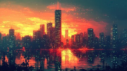 Obraz premium A pixel art cityscape with a towering skyscraper in the center, its pixelated facade reflecting the surrounding buildings and the sky.