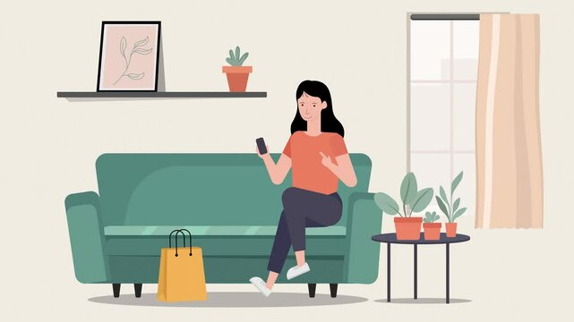 Women are online booking sitting on the sofa flat art motion graphic animation 4K quality.
