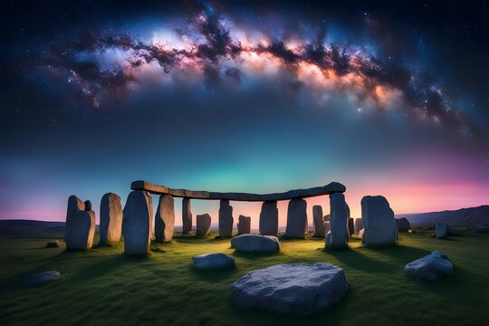 A vibrant starry sky full of constellations illuminating an ancient stone circle, Ai Generated