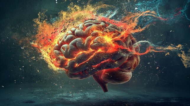 Concept art of a human brain exploding with knowledge and creativity