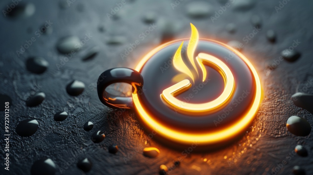Poster abstract glowing a cup of coffee icon in power button shape. 3d render. copy space