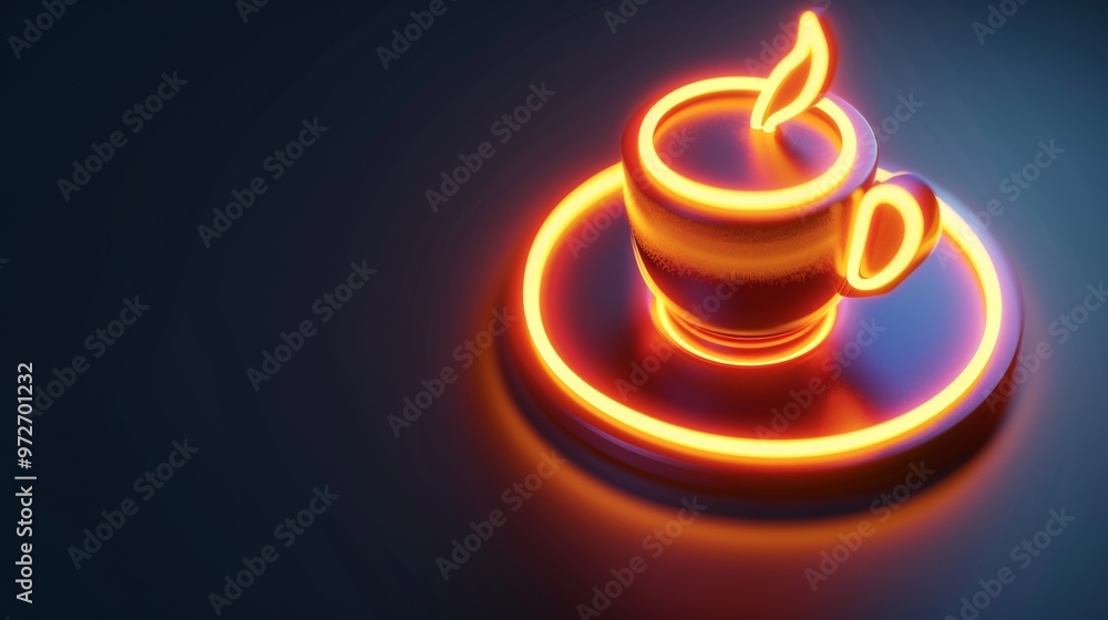 Poster abstract glowing a cup of coffee icon in power button shape. 3d render. copy space