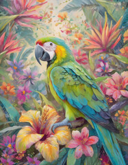 Obraz premium A Parrot amidst jungle foliage and flowers. Vibrant tropical illustration.