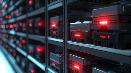 ASRS robots optimizing warehouse inventory stacking crates efficiently on multi-level shelves low-angle view glowing red sensors