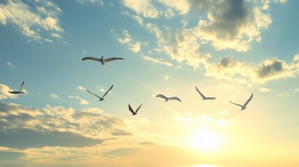 Fototapeta premium Birds flying against a colorful sunset sky over the horizon in a tranquil landscape at dusk