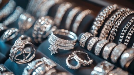 A close-up of silver jewelry on display in a boutique, featuring rings, bracelets, and chains
