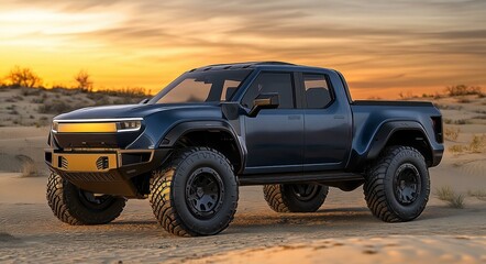 Futuristic Off-Road Pickup Truck in Desert Scenery