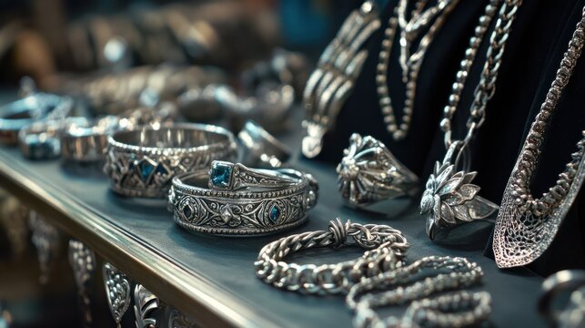 A close-up of silver jewelry on display in a boutique, featuring rings, bracelets, and chains