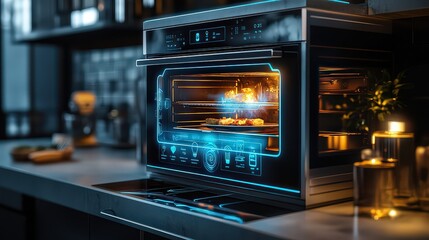  High-tech oven in sleek, modern kitchen, cooking delicious meal with precision. LED display and controls enhance user experience, combining culinary skills with advanced technology.