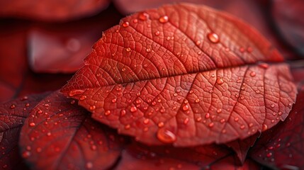 Fototapeta premium Vibrant red leaves glistening with raindrops in the soft light of autumn afternoon. Generative AI