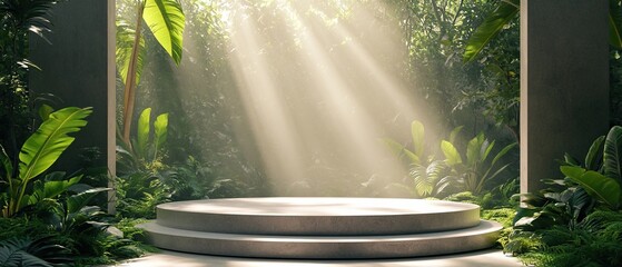 Modern 3D podium in a lush nature setting minimal composition elegant lines soft colors peaceful atmosphere natural beauty