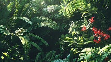 Fototapeta premium Lush botanical garden with vibrant green ferns and exotic flowering plants, sunlight streaming through tropical leaves, intricate textures, and natural patterns, 4K hyperrealistic photo.