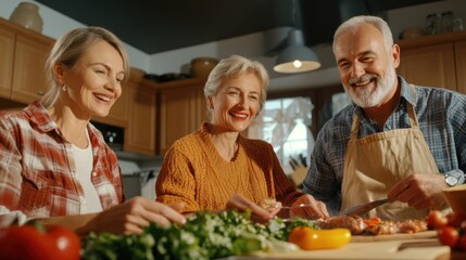 A man and woman preparing food in a kitchen with an older gentleman, AI
