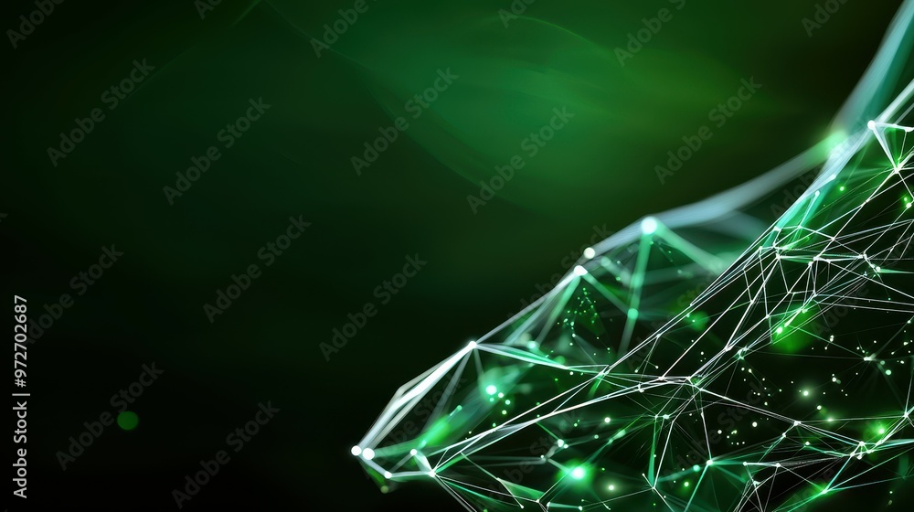 Poster abstract green digital network design with glowing connections and lines.