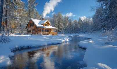 Fototapeta premium Log Cabin by a Snowy Creek in Winter Wonderland. AI generated illustration