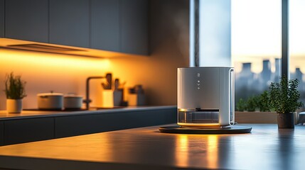  Sleek coffee machine on a minimalist kitchen counter, softly illuminated by warm lighting. A perfect setup for a modern home brewing experience.